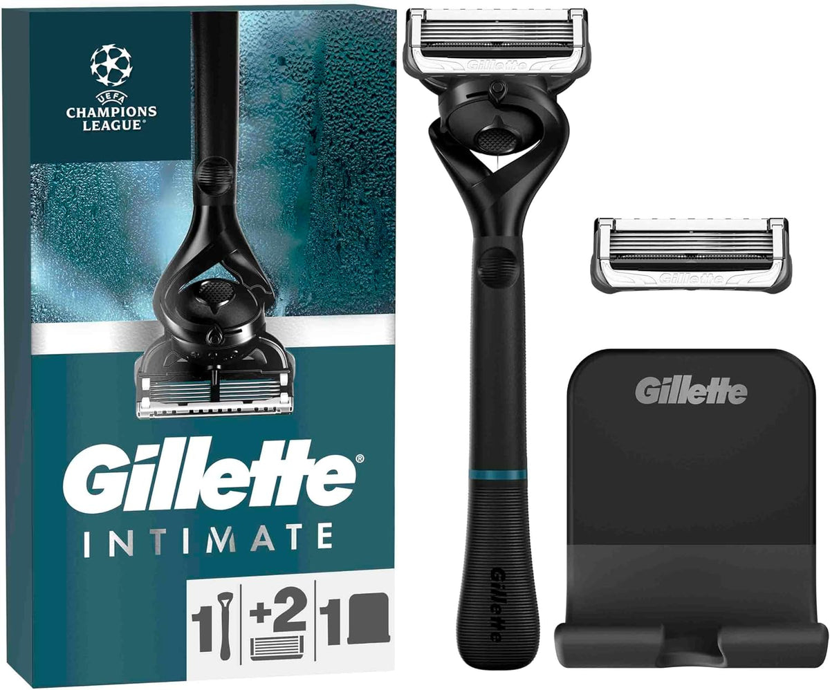 Gillette Body & Intimate Rasierer Herren, Schwarz Inkl. 1 Nassrasierer, 2 Rasierklingen mit Duschaufhänger für Einfache Aufbewahrung