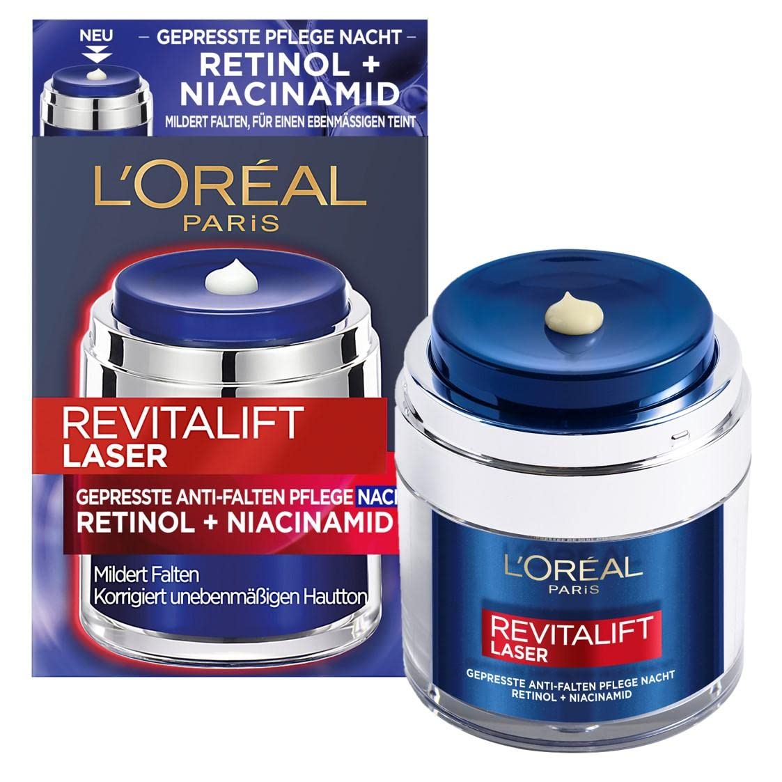 L'Oréal Paris Gepresste Anti-Falten Nachtpflege für ein ebenmäßgies Hautbild und reduzierten Falten in 14 Nächten mit Retinol und Niaciamid, RevitaLift Laser X3, Gepresste Anti-Falten Nachtpflege 50ml