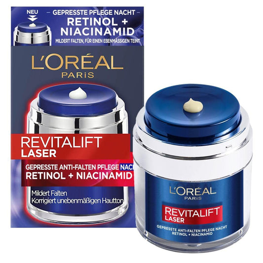 L'Oréal Paris Gepresste Anti-Falten Nachtpflege für ein ebenmäßgies Hautbild und reduzierten Falten in 14 Nächten mit Retinol und Niaciamid, RevitaLift Laser X3, Gepresste Anti-Falten Nachtpflege 50ml