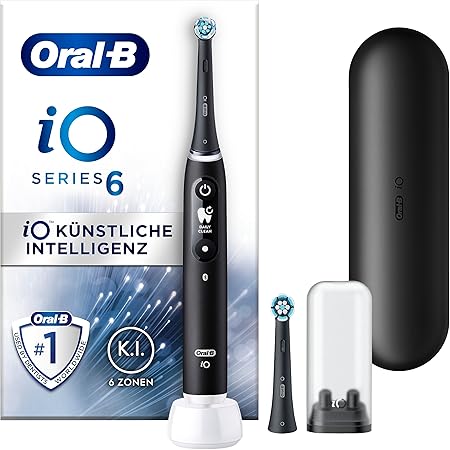 Oral-B iO Series 6 Elektrische Zahnbürste/Electric Toothbrush, 2 Aufsteckbürsten, 5 Putzmodi für Zahnpflege, Display & Reiseetui, black lava
