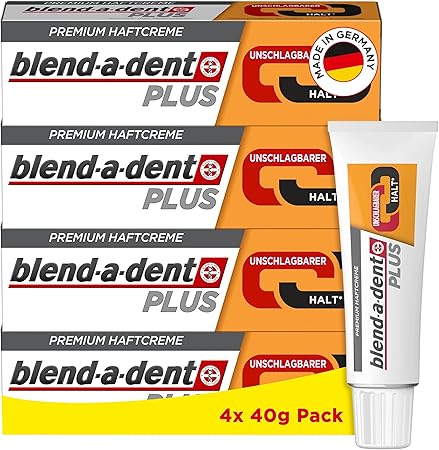 Blend-a-dent Plus Unschlagbarer Halt Premium Haftcreme, für Voll- und Teilprothesen, Geschmacksneutral, Made in Germany, 4x 40g Pack