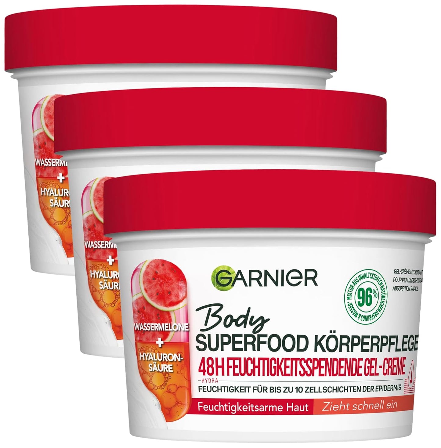 Garnier Erfrischende Körperpflege für trockene Haut, Body Butter mit Wassermelone und Hyaluronsäure, Für bis zu 48 Stunden Feuchtigkeit, Body Superfood, 3 x 380 ml